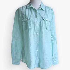 Soft Wash Vertical Stripes Button Down Tabbed Long Sleeve Shirt Aqua & White~ M